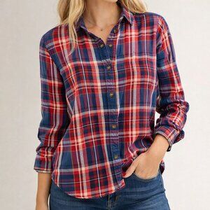 American Eagle Womens Boyfriend Fit Shirt Top Viscose Bld Red Blue Plaid Size S